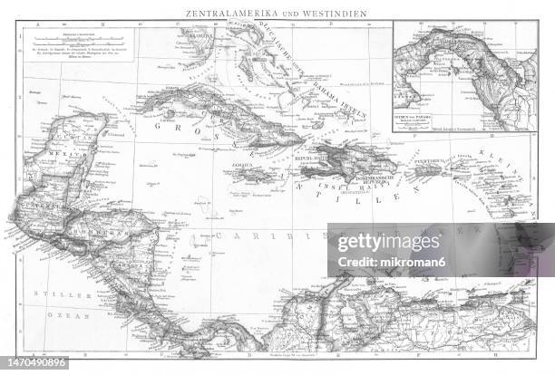 old chromolithograph map of west indies and central america - classic west stock pictures, royalty-free photos & images