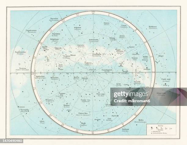 old chromolithograph illustration of astronomy - northern sky star map (nebulae and star clusters) - astrology sign stock illustrations stock pictures, royalty-free photos & images