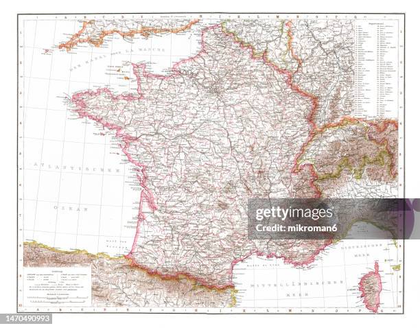 old chromolithograph map of france - england-france-map stock pictures, royalty-free photos & images