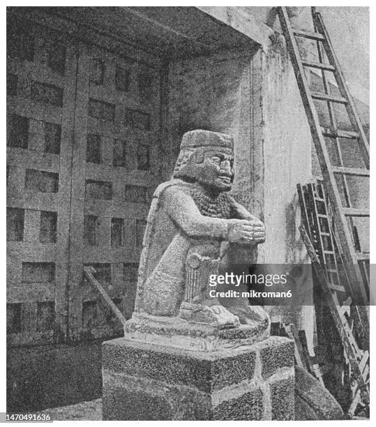 old engraved illustration of idol statue from central america - aztec idol - indian art culture and entertainment stock pictures, royalty-free photos & images