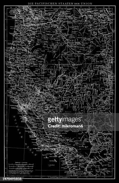 old chromolithograph map of western part of the united states - utah v washington stock-fotos und bilder