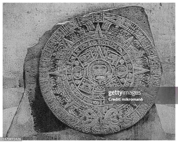 old engraved illustration of aztec or mexica calendar - calendrical system used by the aztecs as well as other pre-columbian peoples of central mexico - indian art culture and entertainment stock pictures, royalty-free photos & images