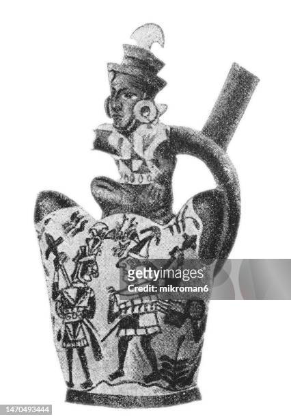 old engraved illustration of mochica pottery - moche civilization, northern peru with its capital near present-day moche, trujillo, peru - cultura peruana imagens e fotografias de stock