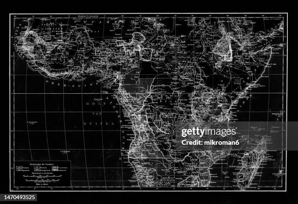 old chromolithograph map of central africa - central world stock-fotos und bilder