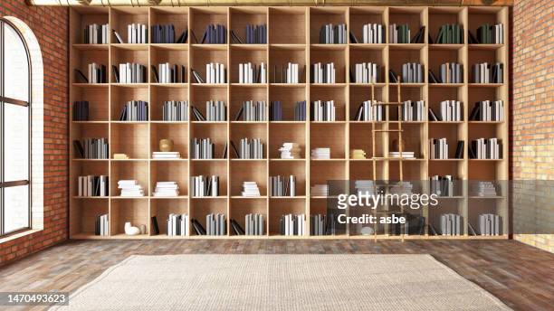 home library concept wooden bookshelves filled with books - books on shelf stockfoto's en -beelden