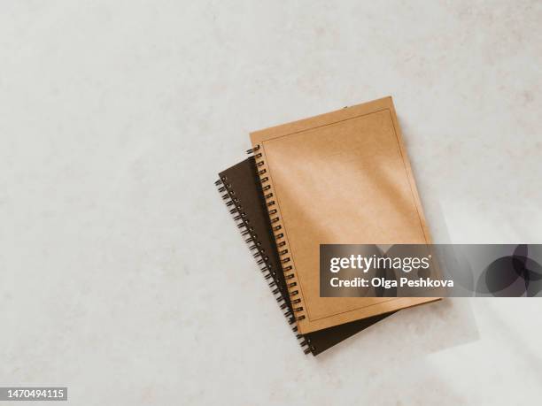 flatlay notebooks in sunlight on beige concrete background - dear diary stock pictures, royalty-free photos & images