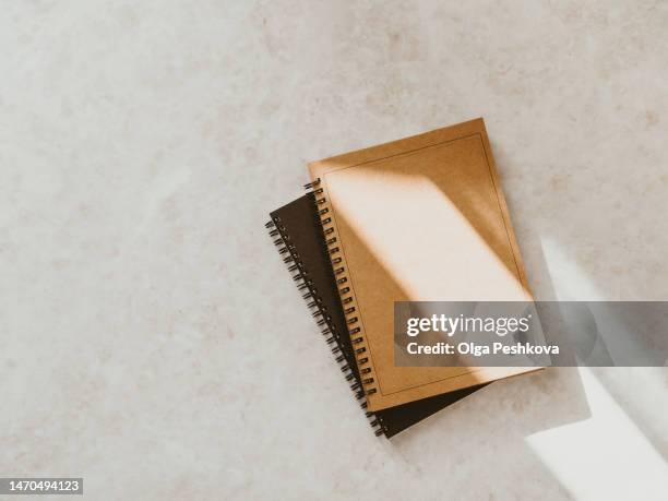 flatlay notebooks in sunlight on beige concrete background - dear diary stock pictures, royalty-free photos & images