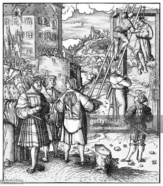 old engraved illustration of execution site with torture wheel and gallows (around 1500) - hanging gallows stockfoto's en -beelden