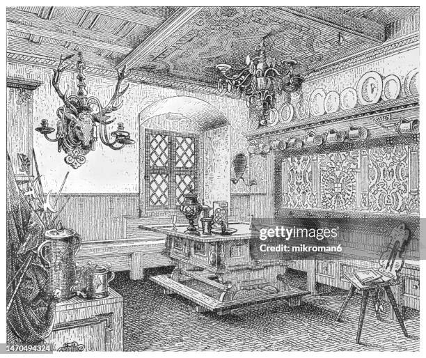 old engraved illustration of guild room of the lohgerber and weissgerber, tanner, tannery (wroclaw, poland) - crest logo stock pictures, royalty-free photos & images