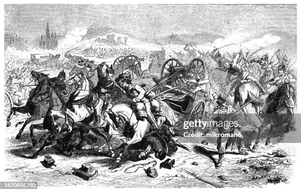 old engraved illustration of the battle of skalitz - conflict stock pictures, royalty-free photos & images