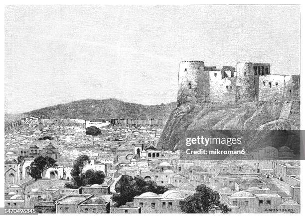 old engraved illustration of citadel of herat, herat ( third-largest city of afghanistan), afghanistan, asia - afghanistan stock pictures, royalty-free photos & images