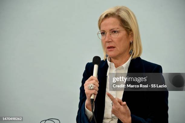 Cristina Mezzaroma wife of the president of SS Lazio speaks during the meeting with the students of the Borghi school on March 01, 2023 in Rome,...