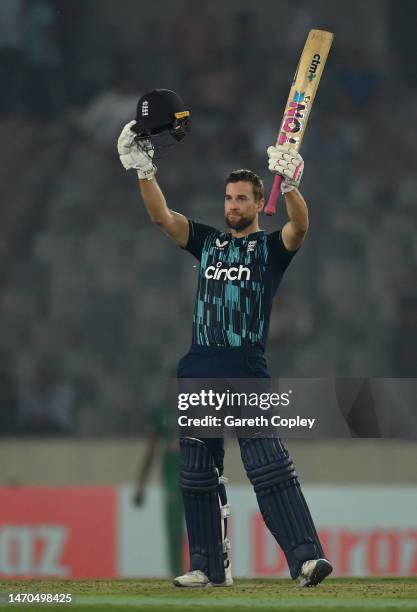 Dawid Malan of England celebrates reaching his century during the 1st One Day International between Bangladesh and England at Sher-e-Bangla National...
