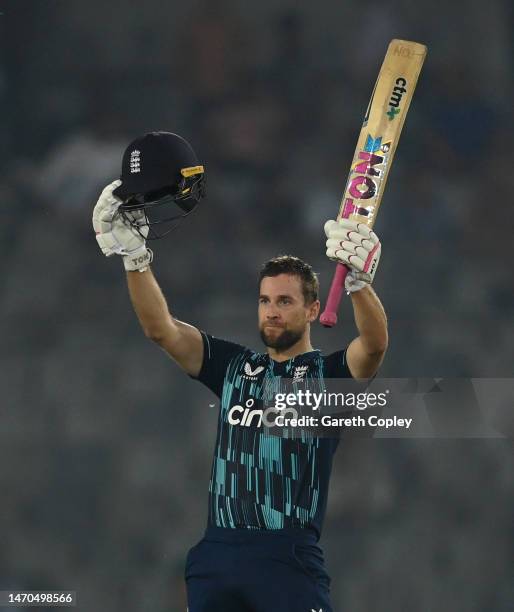 Dawid Malan of England celebrates reaching his century during the 1st One Day International between Bangladesh and England at Sher-e-Bangla National...