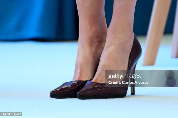 Queen Letizia of Spain, shoes detail, attends the "Investigation National Awards" 2022 at the 'Casa Mediterraneo' on March 01, 2023 in Alicante,...