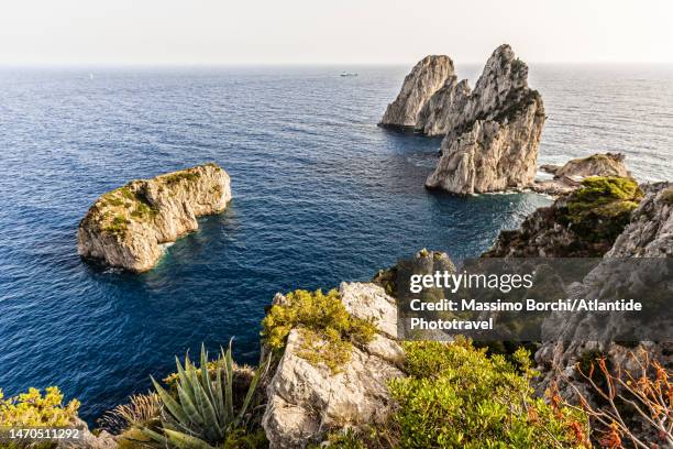 capri island, the scoglio (rock) di monacone and the faraglioni (sea stacks) - faraglioni imagens e fotografias de stock