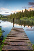 A jetty on a lake surrounded by trees