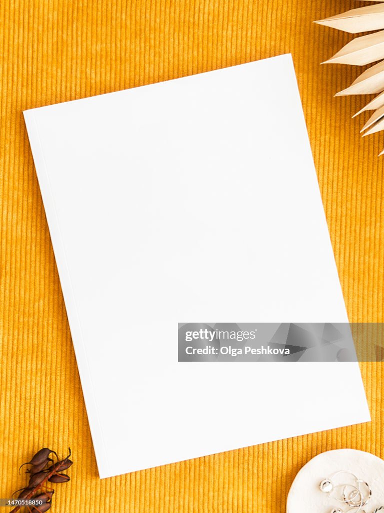 Empty blank white magazine or catalog cover layout on yellow background.