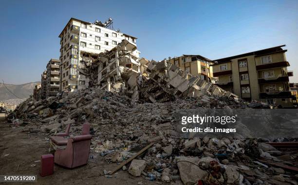 Buildings destroyed by the earthquake on March 1, 2023 in Hatay, Türkiye. The death toll from a catastrophic earthquake that hit Turkey and Syria is...