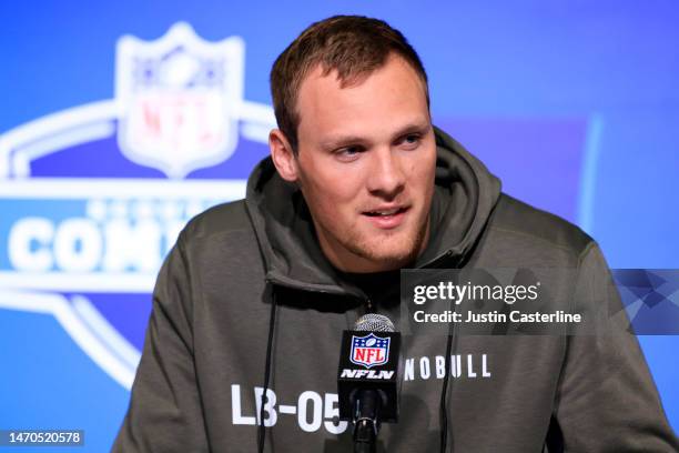 Linebacker Jack Campbell of Iowa speaks to the media during the NFL Combine at Lucas Oil Stadium on March 01, 2023 in Indianapolis, Indiana.