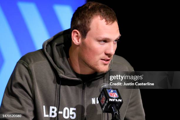 Linebacker Jack Campbell of Iowa speaks to the media during the NFL Combine at Lucas Oil Stadium on March 01, 2023 in Indianapolis, Indiana.