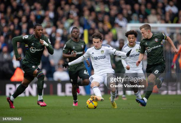 Brenden Aaronson of Leeds United in action during the Premier League match between Leeds United and Southampton FC at Elland Road on February 25,...