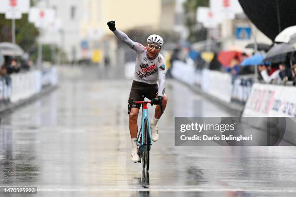 Nans Peters of France and Ag2R Citroen Team celebrates at finish line as race winner during the 60th Trofeo Laigueglia 2023 a 201.3km one day race in...