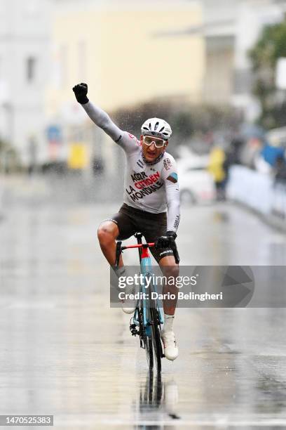 Nans Peters of France and Ag2R Citroen Team celebrates at finish line as race winner during the 60th Trofeo Laigueglia 2023 a 201.3km one day race in...