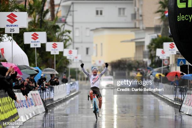 Nans Peters of France and Ag2R Citroen Team celebrates at finish line as race winner during the 60th Trofeo Laigueglia 2023 a 201.3km one day race in...