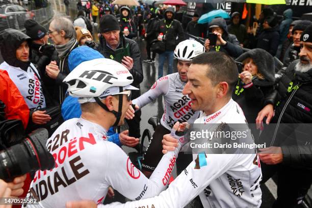 Nans Peters of France and Ag2R Citroen Team celebrates at finish line as race winner with his teammates Benoit Cosnefroy of France and Andrea...