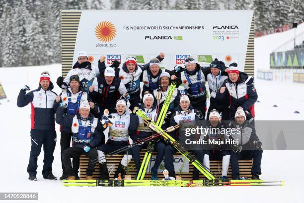 Gold medalists Espen Andersen of Team Norway, Jens Luraas Oftebro of Team Norway, Joergen Graabak of Team Norway and Jarl Magnus Riiber of Team...