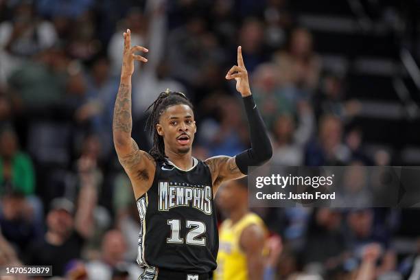 Ja Morant of the Memphis Grizzlies reacts during the game against the Los Angeles Lakers at FedExForum on February 28, 2023 in Memphis, Tennessee....