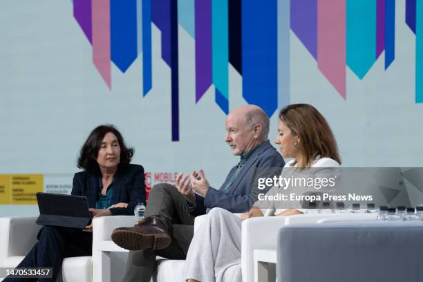 Writer Elsa Punset; Columbia University professor Rafael Yuste and Neurolitics ceo Ana Maiques during the 'Digital Future Society Summit 2023'...