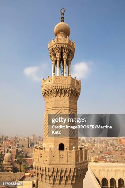 minaret from the city gate bab zuweila, old city in the back, cairo, egypt - city gate stock pictures, royalty-free photos & images