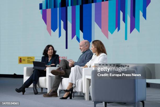Writer Elsa Punset; Columbia University professor Rafael Yuste and Neurolitics ceo Ana Maiques during the 'Digital Future Society Summit 2023'...