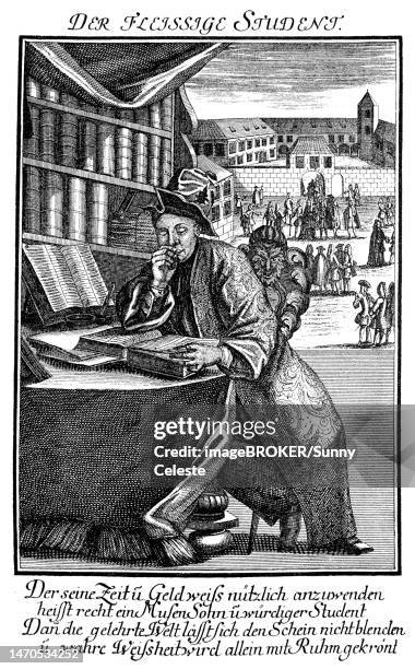 der fleissige student, zu beginn des 18. jahrhunderts, germany, historisches bild oder illustration, published 1890, digital verbessert, the diligent student, at the beginning of the 18th century, germany, historical image or illustration, published 1890 - stilrichtung des 18 jahrhunderts stock-grafiken, -clipart, -cartoons und -symbole