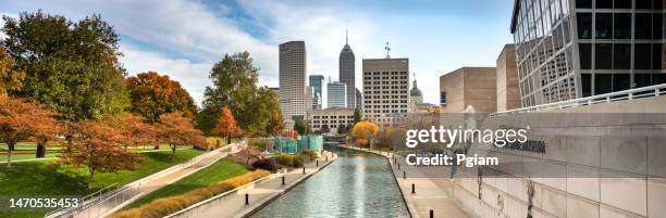 downtown city panorama skyline view of indianapolis, indiana, usa looking over the central canal walk - indianapolis canal stock pictures, royalty-free photos & images