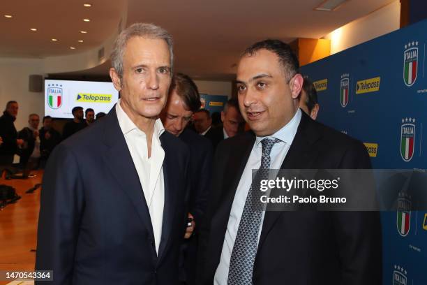 Edizione President Alessandro Benetton and Telepass Ceo Gabriele Benedetto attend the unveiling of FIGC new partner Telepass on March 01, 2023 in...