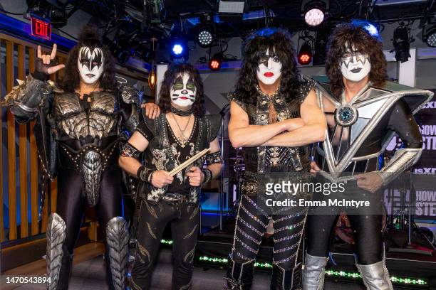 Gene Simmons, Eric Singer, Paul Stanley and Tommy Thayer of KISS visit SiriusXM's 'The Howard Stern Show' at SiriusXM Studios on March 01, 2023 in...