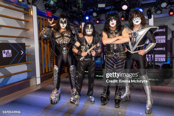 Gene Simmons, Eric Singer, Paul Stanley and Tommy Thayer of KISS visit SiriusXM's 'The Howard Stern Show' at SiriusXM Studios on March 01, 2023 in...