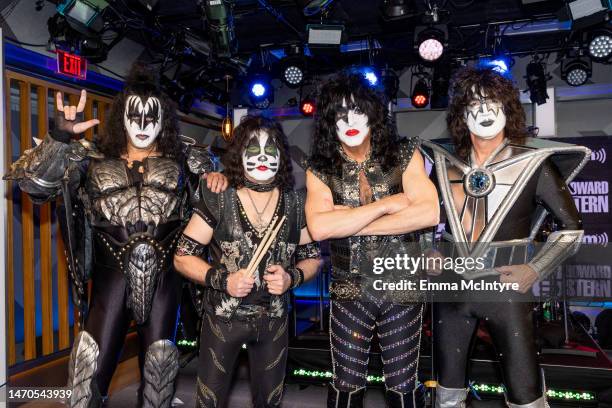 Gene Simmons, Eric Singer, Paul Stanley and Tommy Thayer of KISS visit SiriusXM's 'The Howard Stern Show' at SiriusXM Studios on March 01, 2023 in...