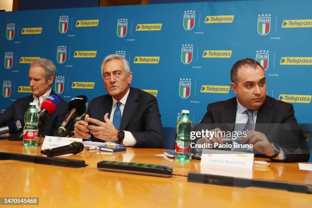 Edizione President Alessandro Benetton, FIGC President Gabriele Gravina,Telepass Ceo Gabriele Benedetto attend the unveiling of FIGC new partner...