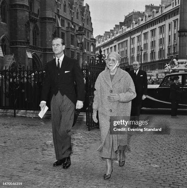 Prince Philip, the Duke of Edinburgh with his mother Princess Alice of Battenberg attending the memorial service for Edwina Mountbatten at...