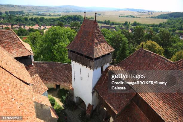 view from the tower, deutsch-weisskirch fortified church, unesco world heritage site, church of the protestant church of the augsburg confession in viscri, brasov county, transylvania region, romania - castelo 幅插畫檔、美工圖案、卡通及圖標
