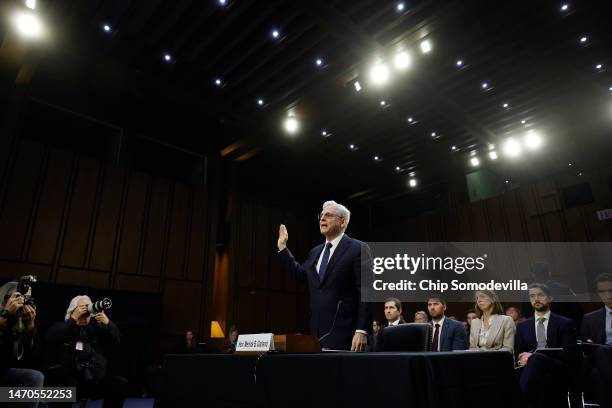 Attorney General Merrick Garland is sworn in before testifying to the Senate Judiciary Committee in the Hart Senate Office Building on Capitol Hill...