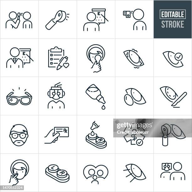 optische optik und ophthalmologie dünne linie symbole - bearbeitbare striche - augenheilkunde stock-grafiken, -clipart, -cartoons und -symbole