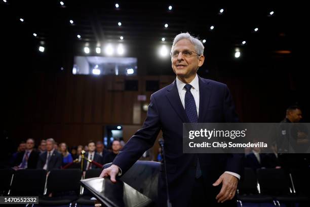 Attorney General Merrick Garland arrives to testify before the Senate Judiciary Committee in the Hart Senate Office Building on Capitol Hill on March...