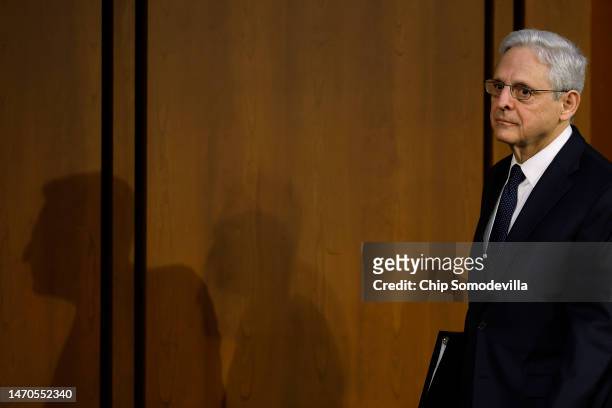 Attorney General Merrick Garland arrives to testify before the Senate Judiciary Committee in the Hart Senate Office Building on Capitol Hill on March...