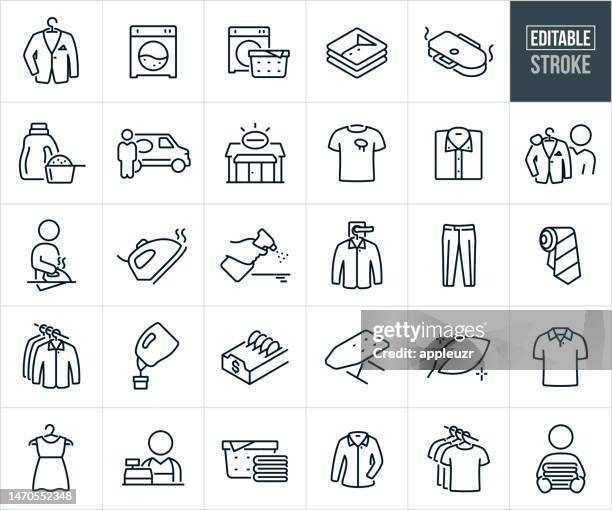 ilustraciones, imágenes clip art, dibujos animados e iconos de stock de iconos de línea fina de limpieza en seco y lavandería - trazo editable - laundromat