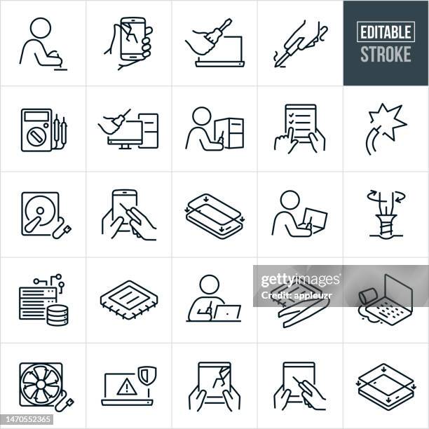 stockillustraties, clipart, cartoons en iconen met computer, cell phone and device repair thin line icons - editable stroke - schroevendraaier